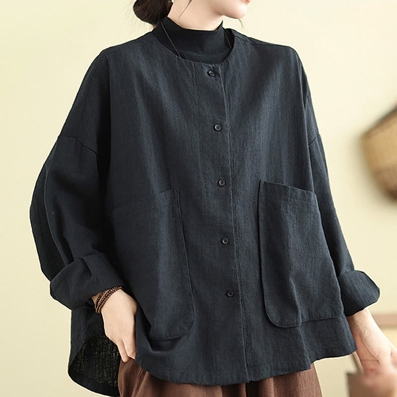 Women's Long Sleeve Crew Neck Cotton Jacket With Pockets