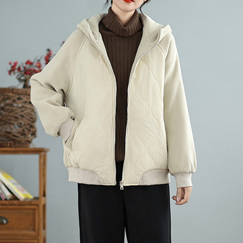 Women's Long Sleeve Thickened Warm Hood Cotton Jacket With Pockets
