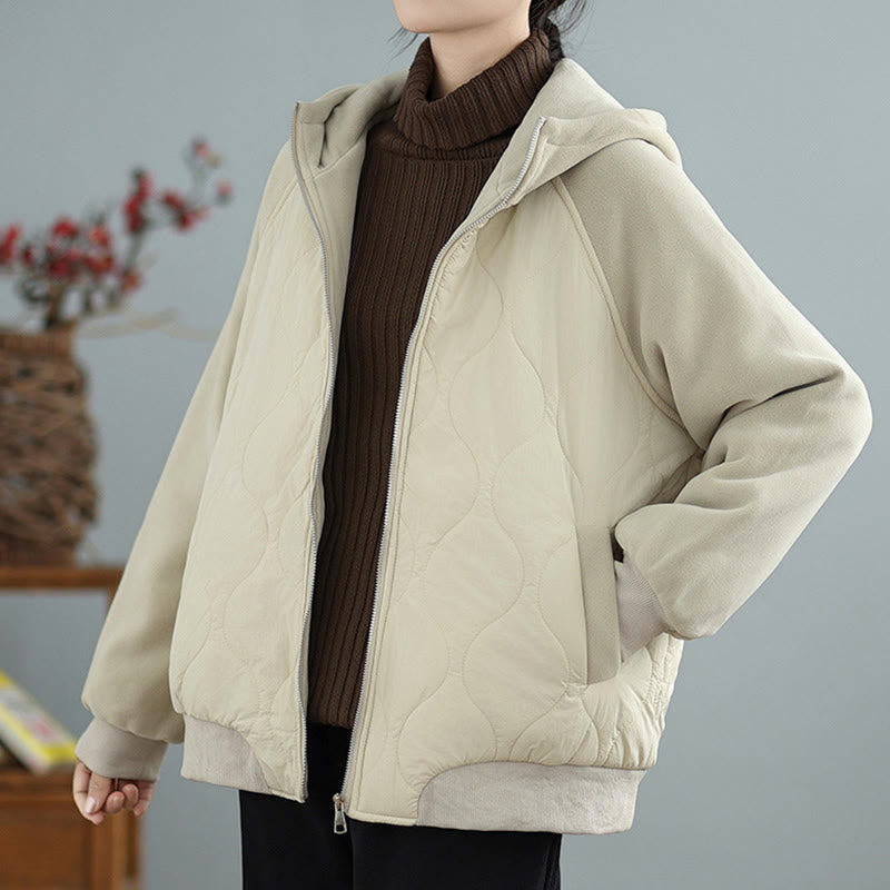 Women's Long Sleeve Thickened Warm Hood Cotton Jacket With Pockets