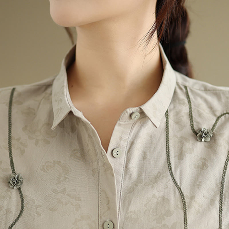 Embroidered Floral Stand-Collar Breathable Mindful Shirt