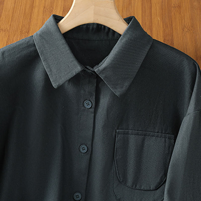 Casual Women's Long Sleeve Stand Collar Cotton Shirt With Pockets