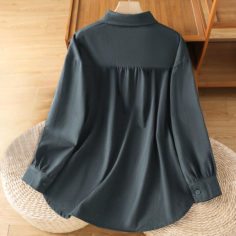 Casual Women's Long Sleeve Stand Collar Cotton Shirt With Pockets