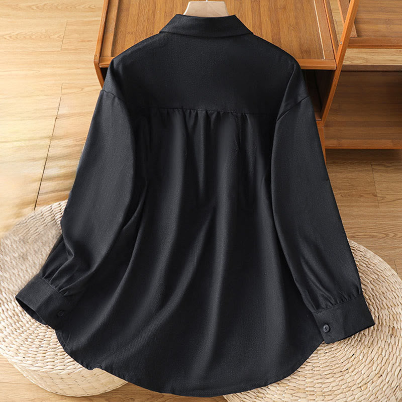 Casual Women's Long Sleeve Stand Collar Cotton Shirt With Pockets