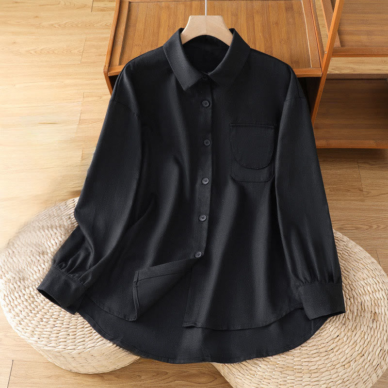 Casual Women's Long Sleeve Stand Collar Cotton Shirt With Pockets
