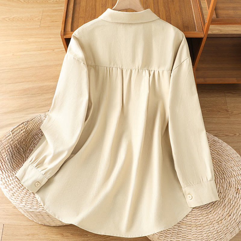 Casual Women's Long Sleeve Stand Collar Cotton Shirt With Pockets