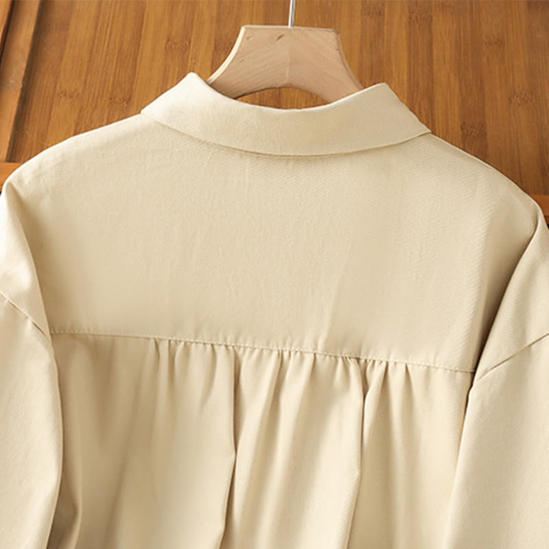 Casual Women's Long Sleeve Stand Collar Cotton Shirt With Pockets