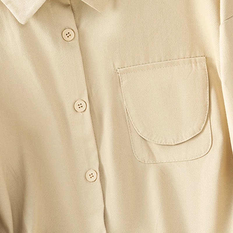 Casual Women's Long Sleeve Stand Collar Cotton Shirt With Pockets