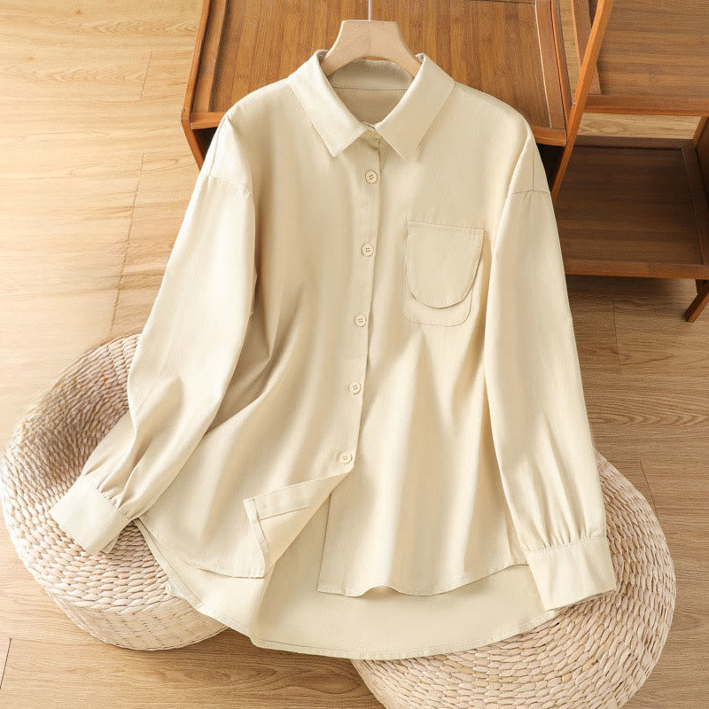 Casual Women's Long Sleeve Stand Collar Cotton Shirt With Pockets