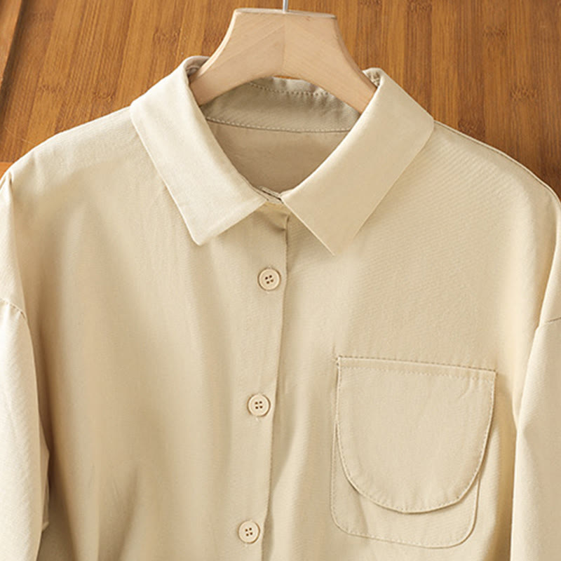 Casual Women's Long Sleeve Stand Collar Cotton Shirt With Pockets