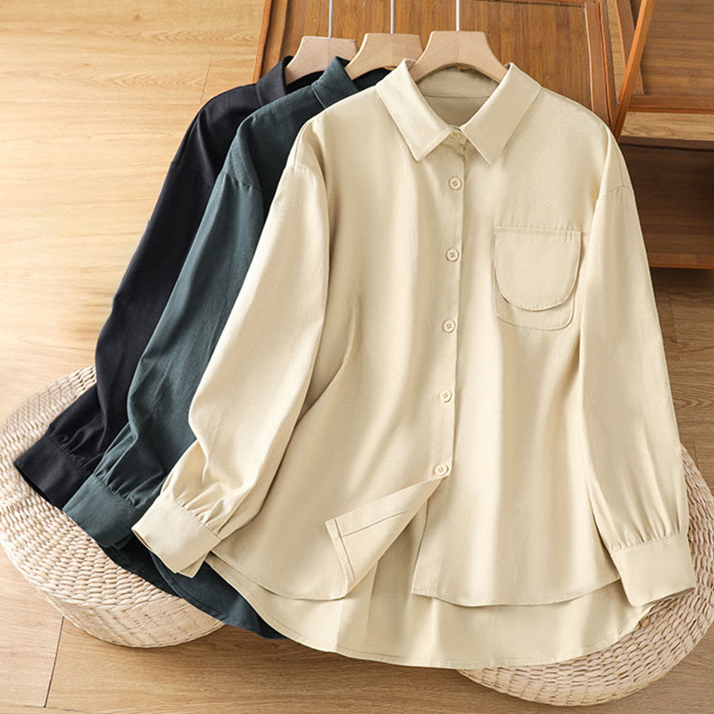 Casual Women's Long Sleeve Stand Collar Cotton Shirt With Pockets