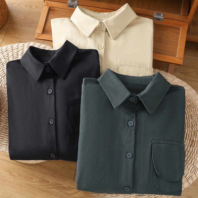 Casual Women's Long Sleeve Stand Collar Cotton Shirt With Pockets