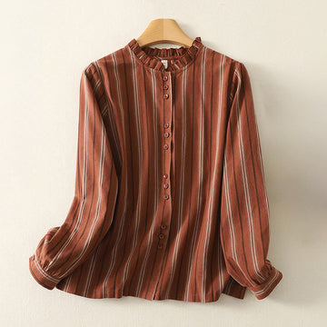 Breathable Striped Ruffled Collar Transitional Women's Shirt