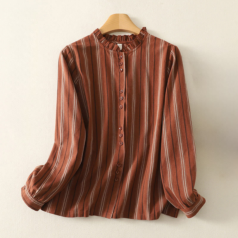 Breathable Striped Ruffled Collar Transitional Women's Shirt