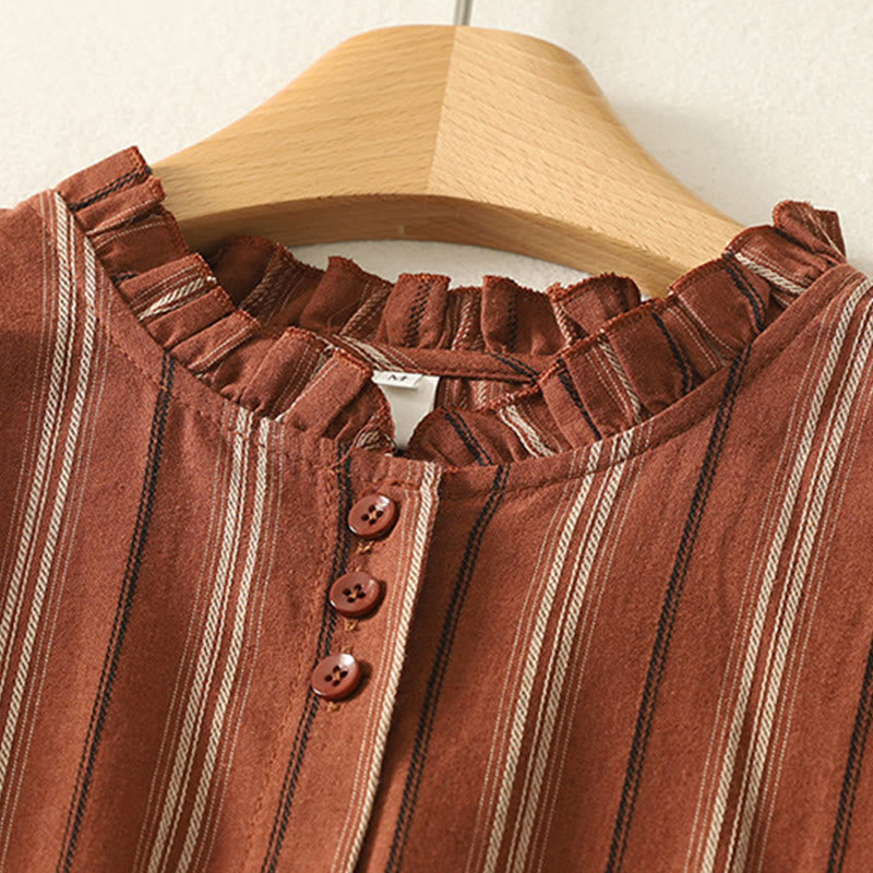 Breathable Striped Ruffled Collar Transitional Women's Shirt