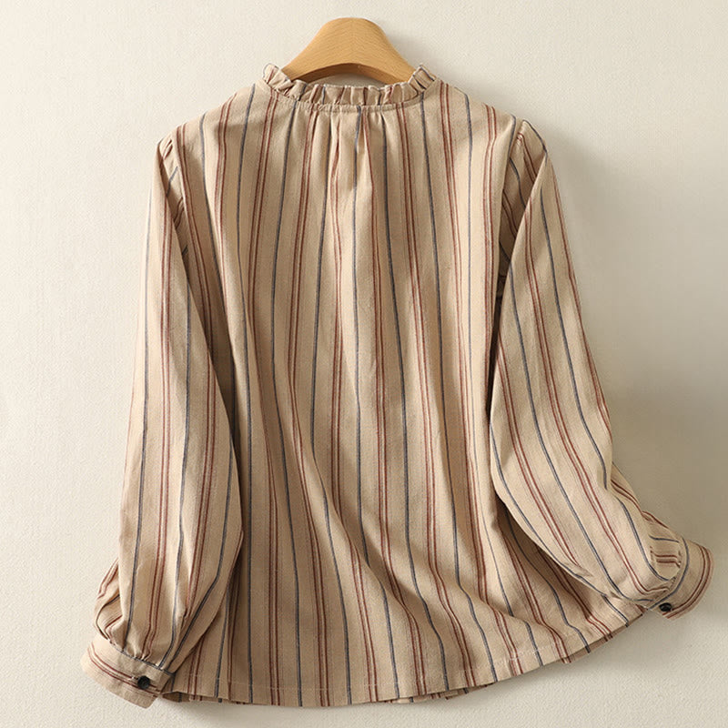 Breathable Striped Ruffled Collar Transitional Women's Shirt