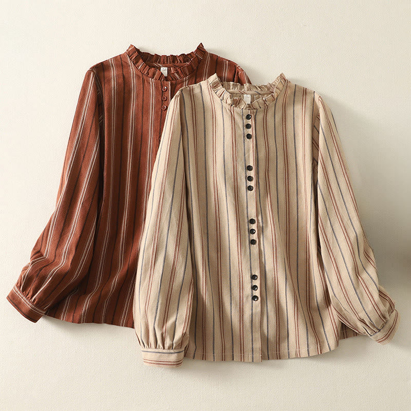 Breathable Striped Ruffled Collar Transitional Women's Shirt