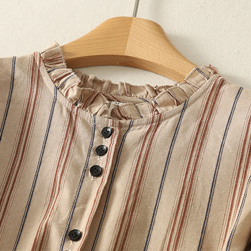 Breathable Striped Ruffled Collar Transitional Women's Shirt