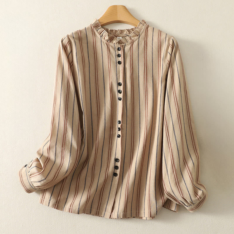 Breathable Striped Ruffled Collar Transitional Women's Shirt