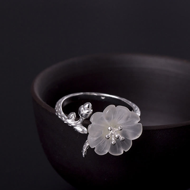 Adjustable Clear Quartz Flower Ring in 925 Sterling Silver