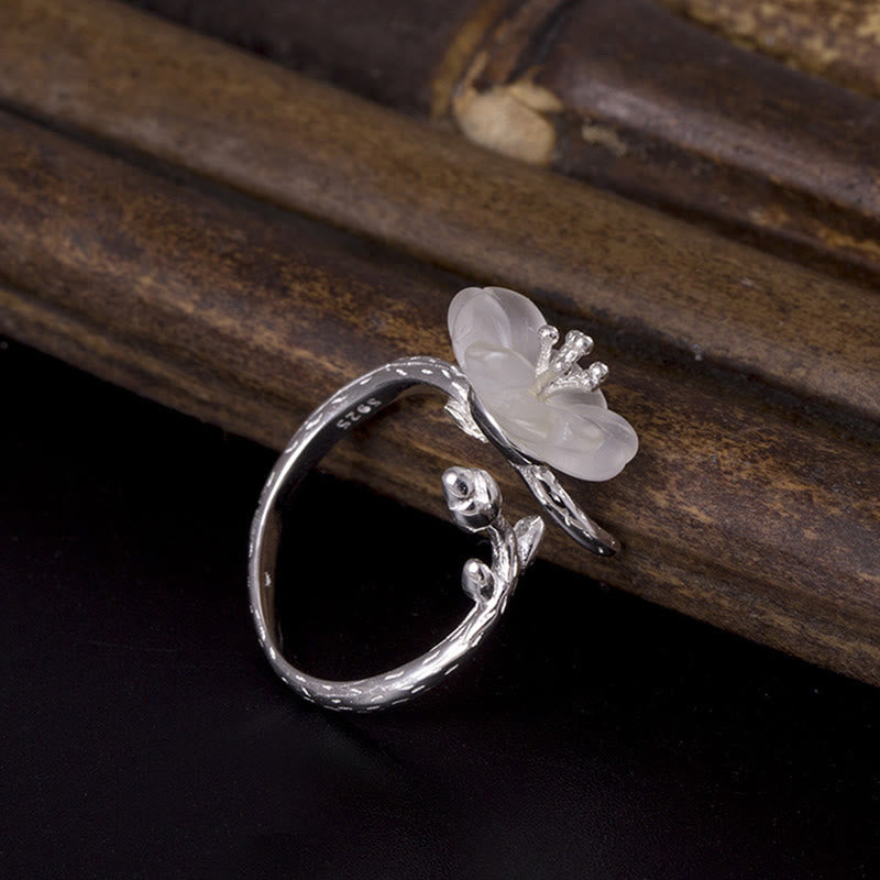Adjustable Clear Quartz Flower Ring in 925 Sterling Silver