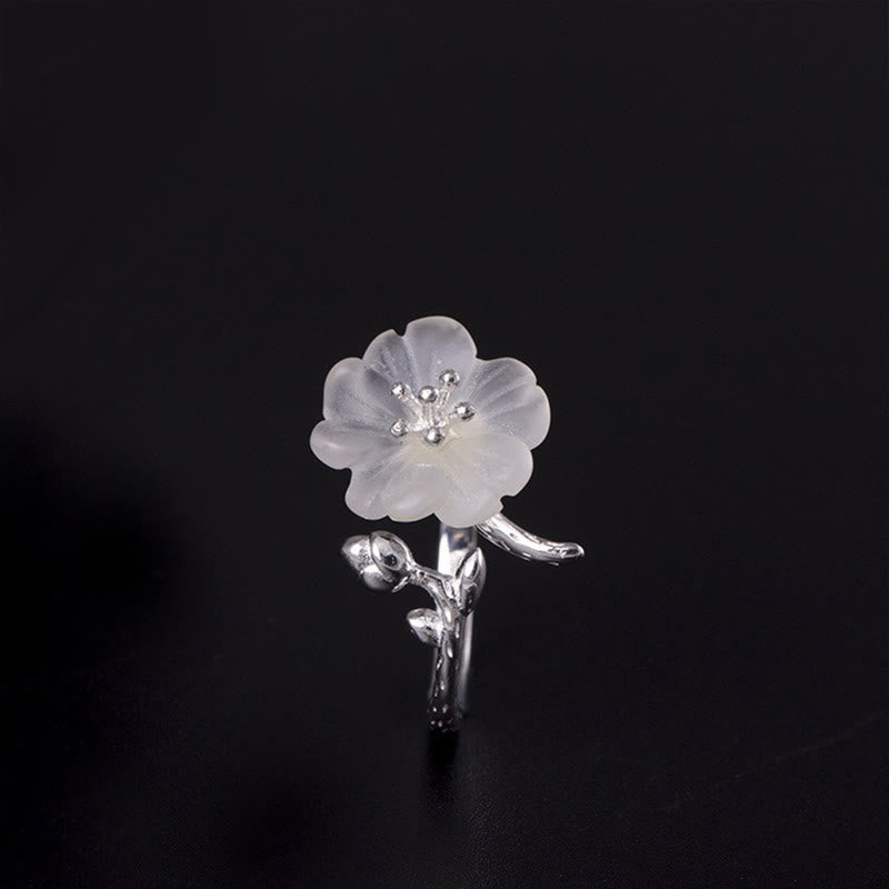 Adjustable Clear Quartz Flower Ring in 925 Sterling Silver