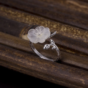Adjustable Clear Quartz Flower Ring in 925 Sterling Silver