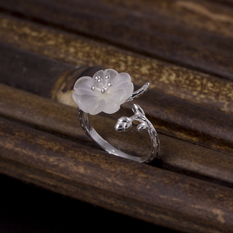 Adjustable Clear Quartz Flower Ring in 925 Sterling Silver