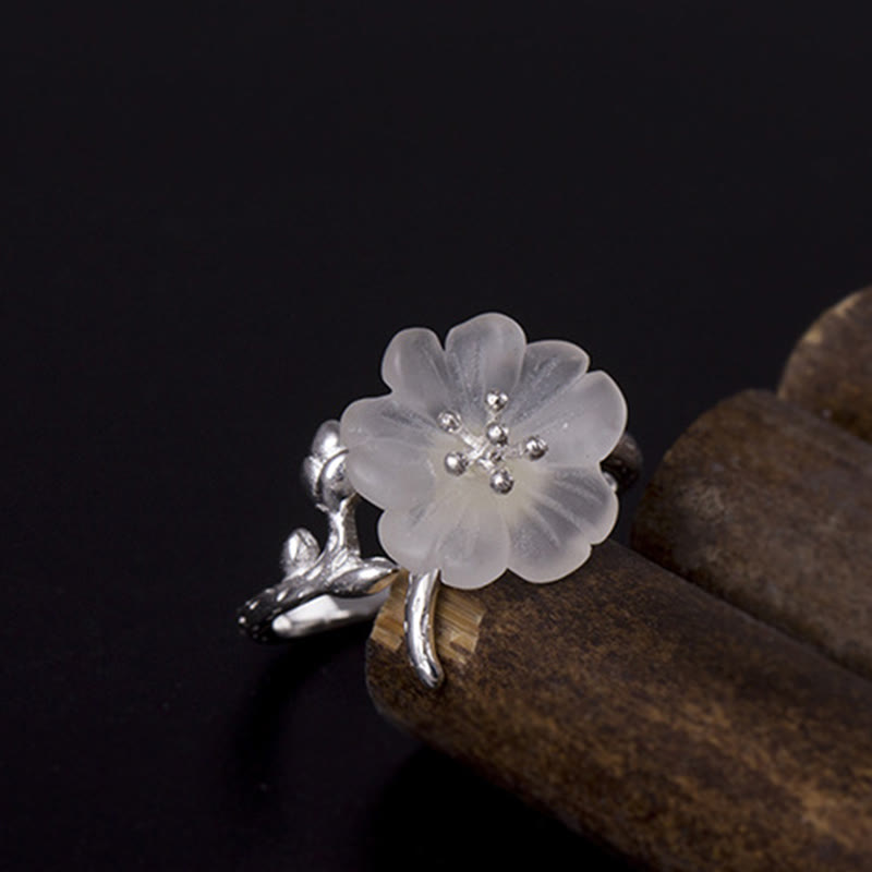 Adjustable Clear Quartz Flower Ring in 925 Sterling Silver