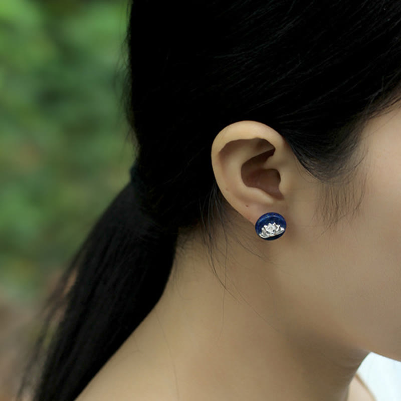 Lazurite 925 Sterling Silver Lotus Pattern Enlightenment Earrings