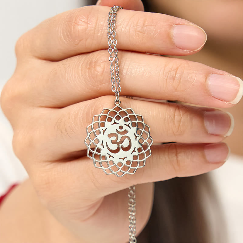 Hollow Lotus Design Om Symbol Stainless Steel Connection Necklace Pendant