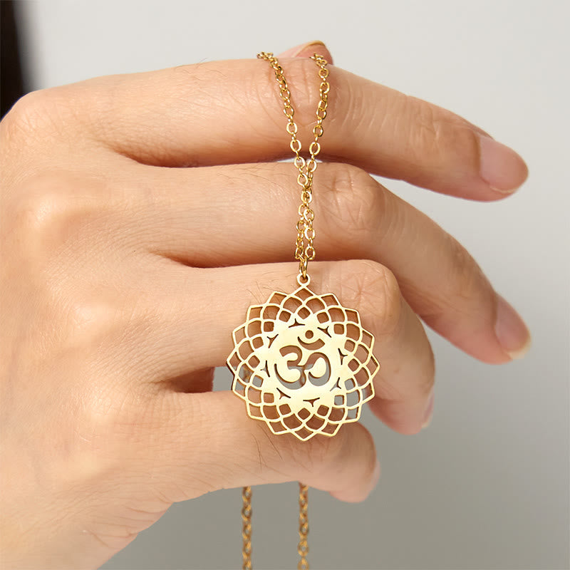 Hollow Lotus Design Om Symbol Stainless Steel Connection Necklace Pendant