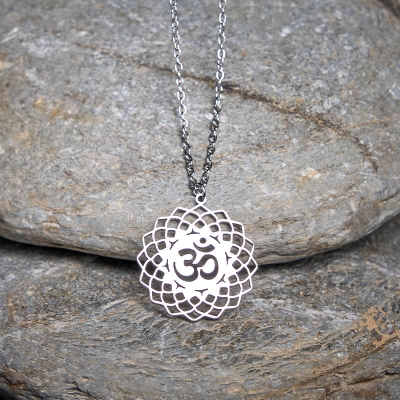 Hollow Lotus Design Om Symbol Stainless Steel Connection Necklace Pendant