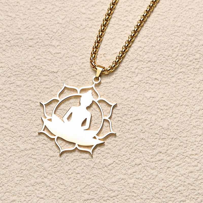 Vintage Lotus Sitting Buddha Design Stainless Steel Enlightenment Necklace Pendant