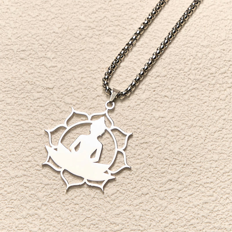 Vintage Lotus Sitting Buddha Design Stainless Steel Enlightenment Necklace Pendant