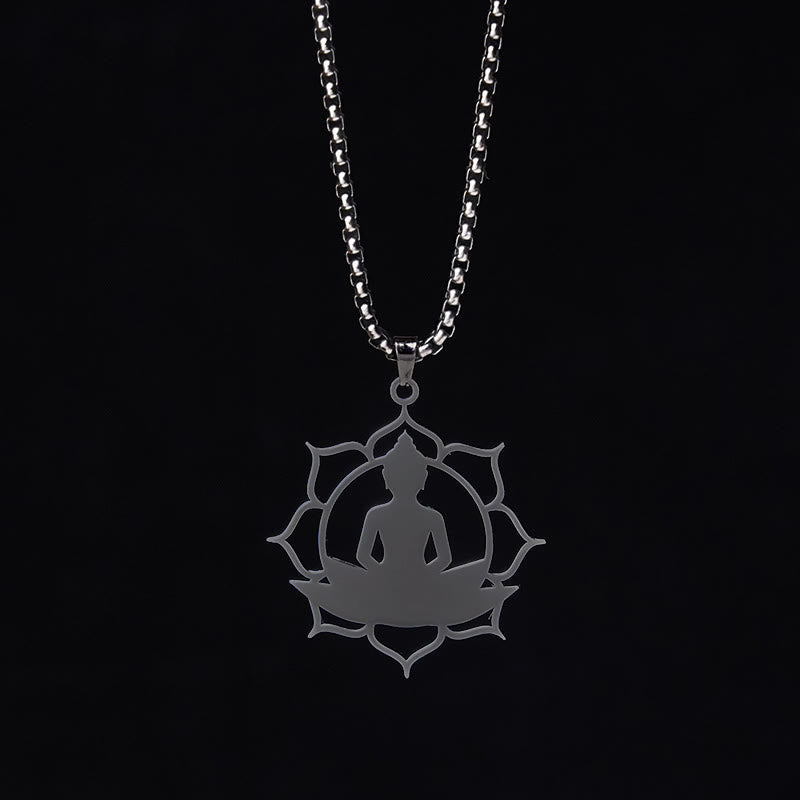 Vintage Lotus Sitting Buddha Design Stainless Steel Enlightenment Necklace Pendant