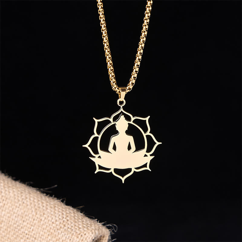 Vintage Lotus Sitting Buddha Design Stainless Steel Enlightenment Necklace Pendant