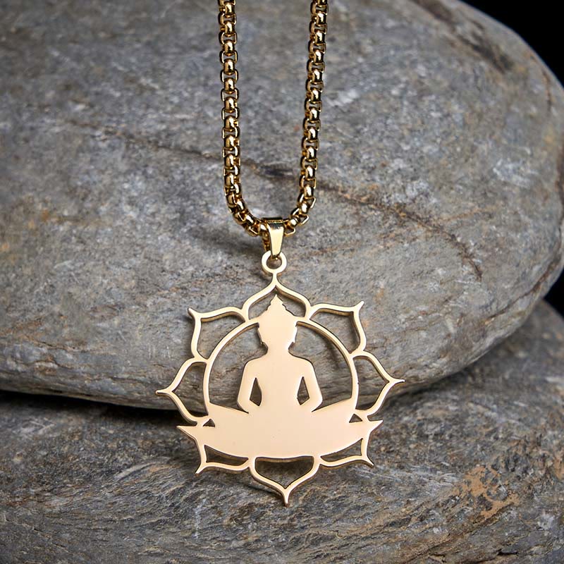 Vintage Lotus Sitting Buddha Design Stainless Steel Enlightenment Necklace Pendant