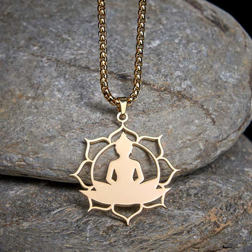 Vintage Lotus Sitting Buddha Design Stainless Steel Enlightenment Necklace Pendant