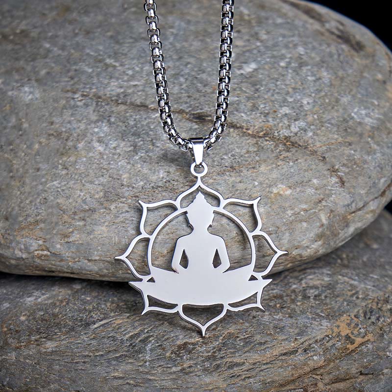 Vintage Lotus Sitting Buddha Design Stainless Steel Enlightenment Necklace Pendant