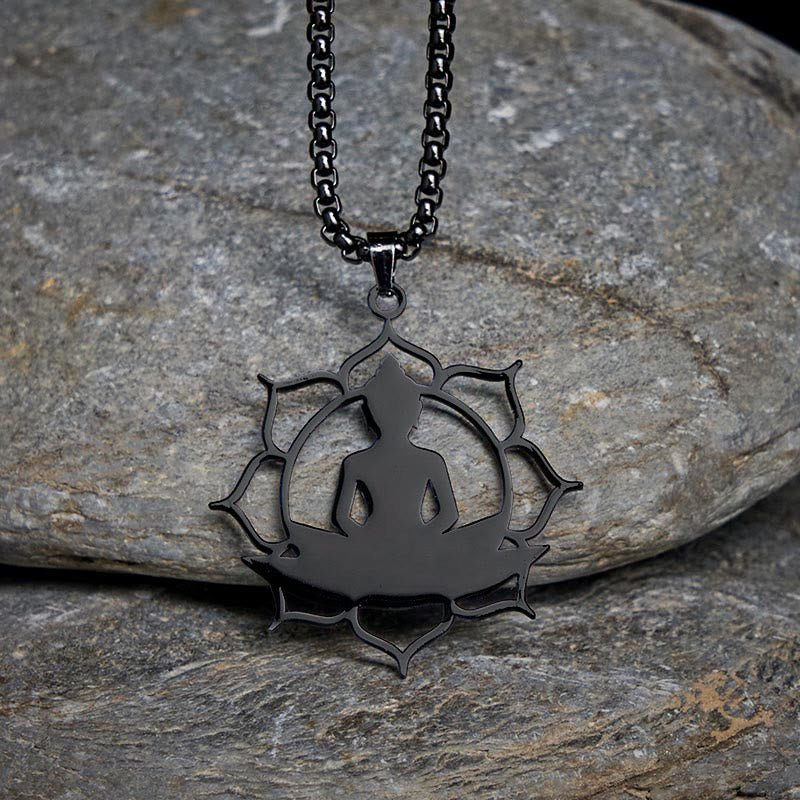 Vintage Lotus Sitting Buddha Design Stainless Steel Enlightenment Necklace Pendant