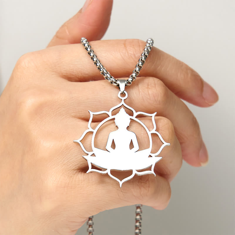 Vintage Lotus Sitting Buddha Design Stainless Steel Enlightenment Necklace Pendant