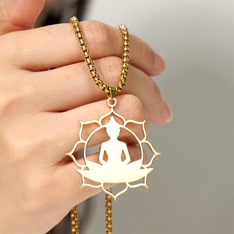 Vintage Lotus Sitting Buddha Design Stainless Steel Enlightenment Necklace Pendant
