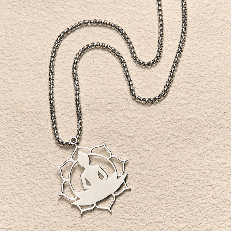 Vintage Lotus Sitting Buddha Design Stainless Steel Enlightenment Necklace Pendant