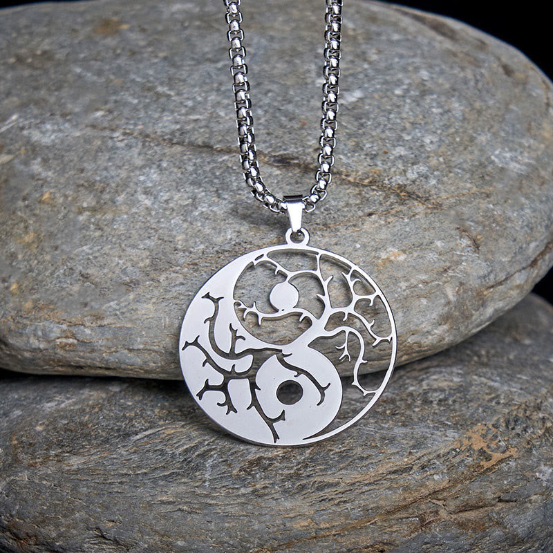 Branches Hollow Yin Yang Design Stainless Steel Balance Necklace Pendant