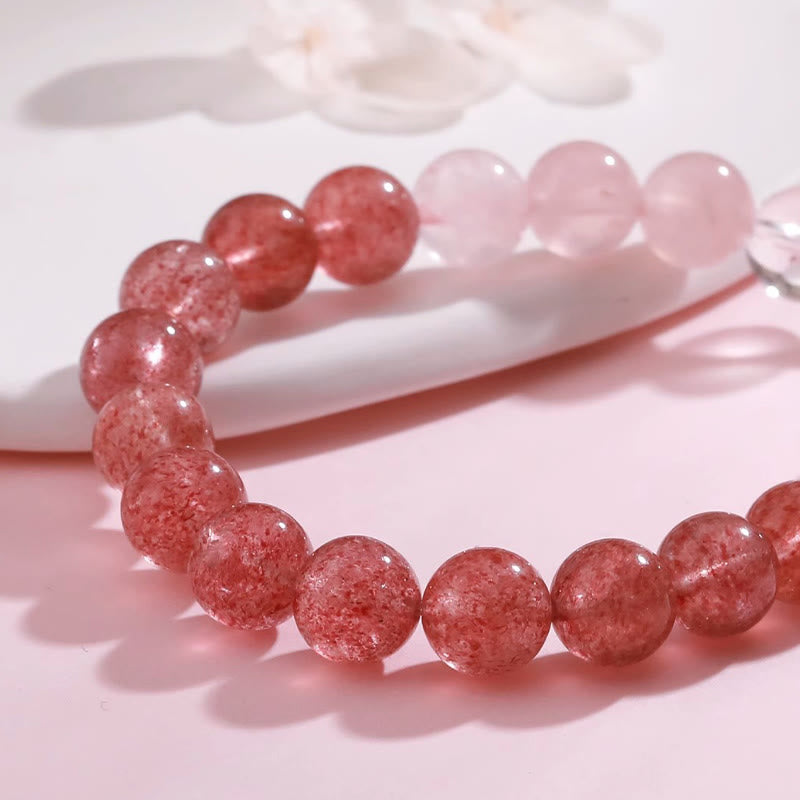 Natural Strawberry Quartz & Lotus Beaded Gemstone Bracelet with Amethyst or Rose Quartz