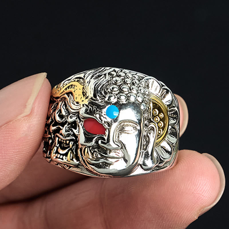 Dualistic Buddha & Demon Lotus Copper Adjustable Ring with Turquoise and Red Agate