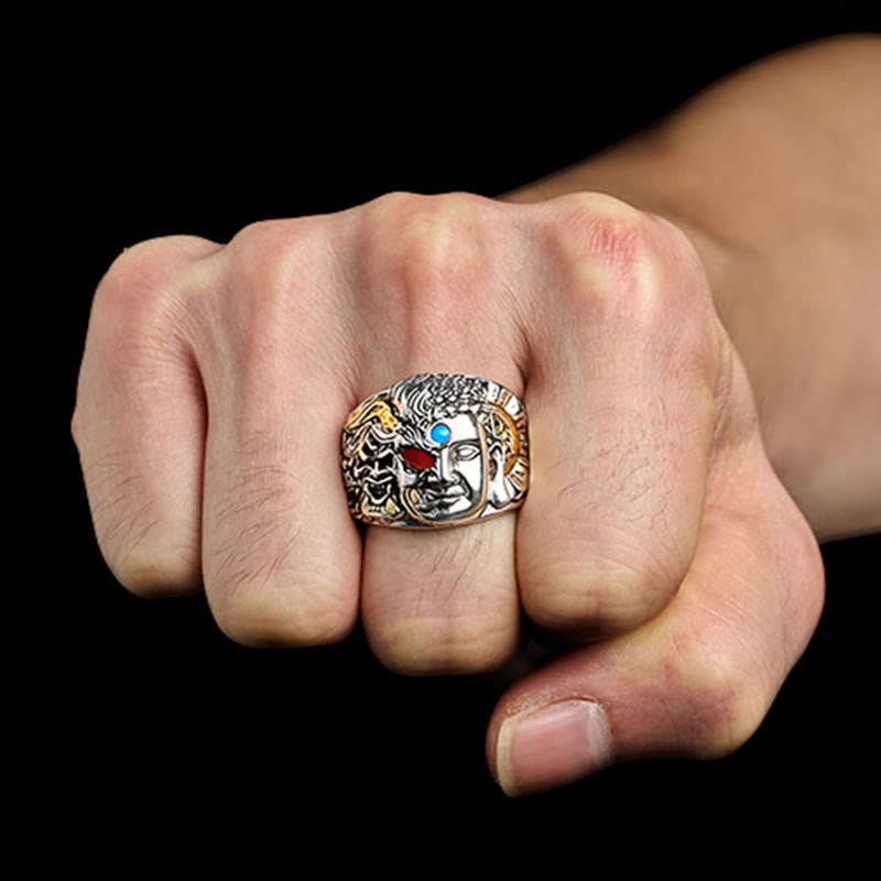 Dualistic Buddha & Demon Lotus Copper Adjustable Ring with Turquoise and Red Agate