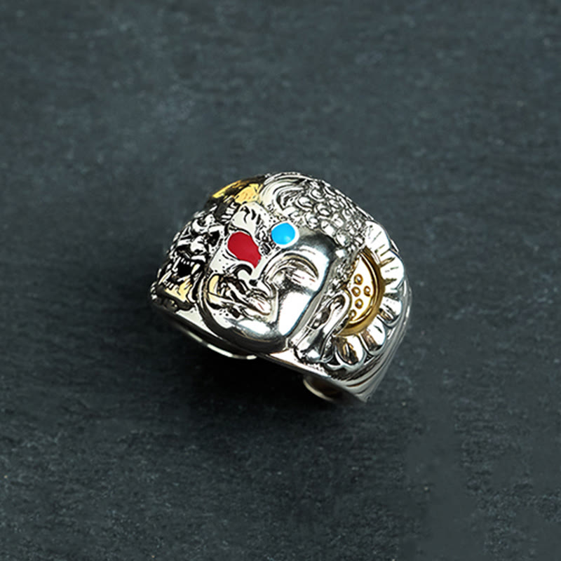 Dualistic Buddha & Demon Lotus Copper Adjustable Ring with Turquoise and Red Agate