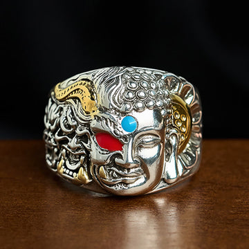 Dualistic Buddha & Demon Lotus Copper Adjustable Ring with Turquoise and Red Agate