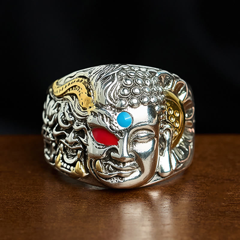Dualistic Buddha & Demon Lotus Copper Adjustable Ring with Turquoise and Red Agate